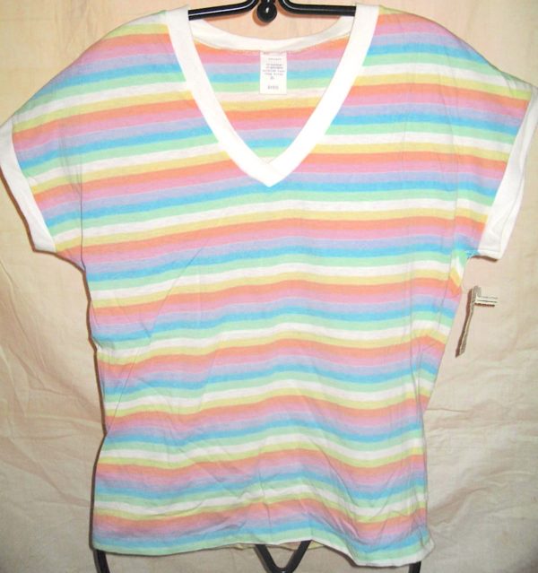 Vintage V Neck Cropped Sleeve Rainbow Top NOS