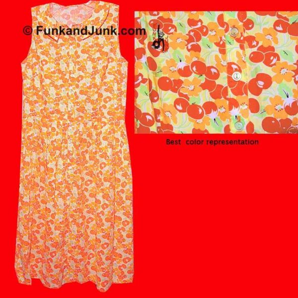 Yellow with Stylized Cherries and Orange Flowers and Leaves " Shirt Waist " Sleeveless Dress