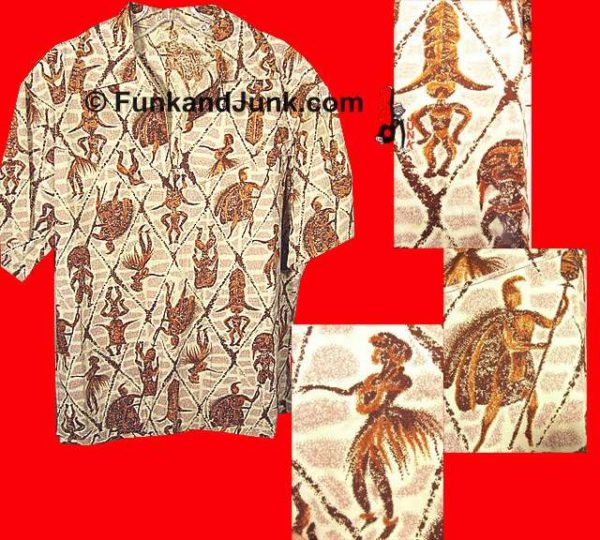 Stone Block Pattern with Overlay Brown Tapa Grid with Tikis Hula Girls and Hawaiian Kings in Diamonds Hawaiian Shirt