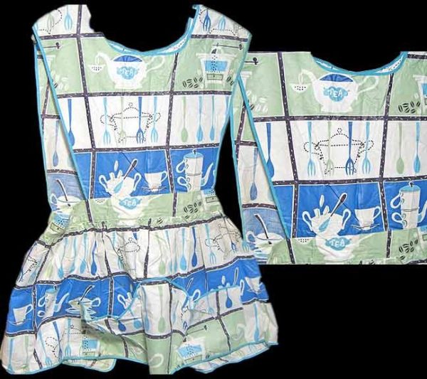 Venus creations Kitchen Utensils and Items Blue Green & Aqua Block Print full Body Vintage 1950's Apron