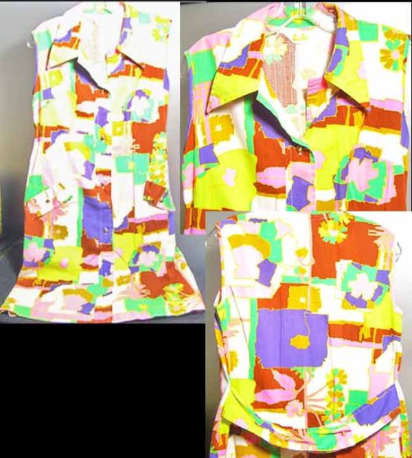 Smart Time 1960's Impressionistic Mod Color Florals Button Front Sleeveless Mini Dress