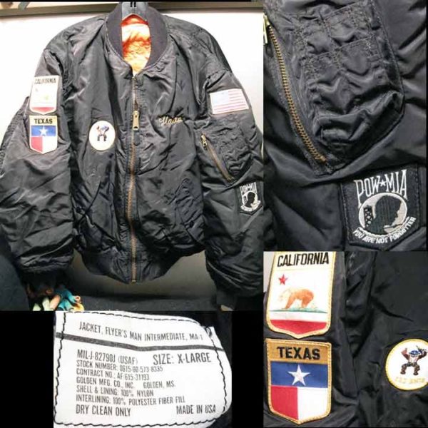 Air Force Eagle Back Stitched MA1 Jacket 323 BMTS with Texas California and POW MIA stitched Patches