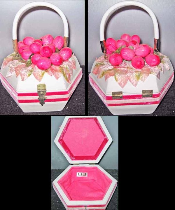 Hexagonal Wood Box Purse with Pink Berries and Leaves Top and Pink Trim