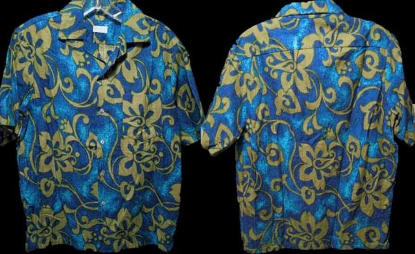 McInerny Mottled Ocean Blues with Green Flowers on Vines Men's Aloha Shirt