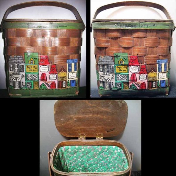 Hand Painted Store Front Street Oak Slat Picnic Basket Purse