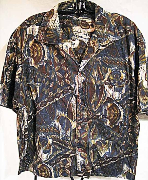 Tropicana White with fully covered deep Blue and Green Diamond and Circle Batik Aloha Shirt