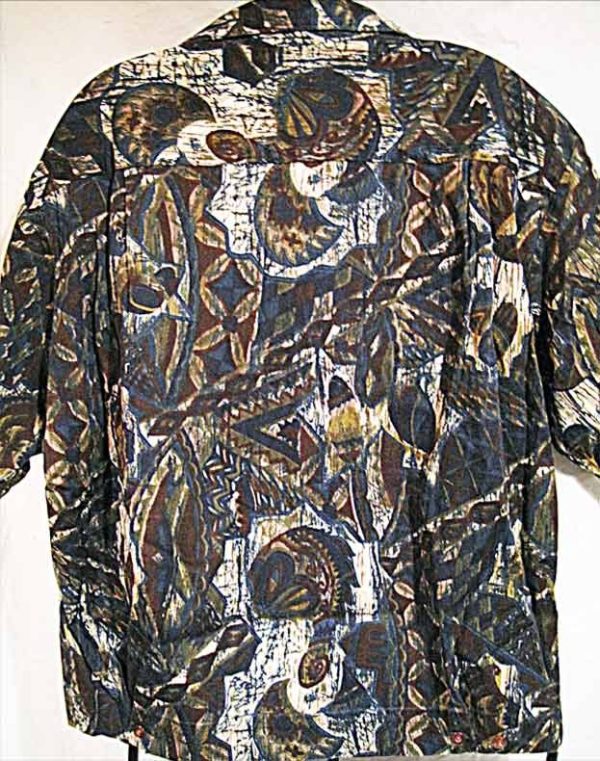 Tropicana White with fully covered deep Blue and Green Diamond and Circle Batik Aloha Shirt - Image 2