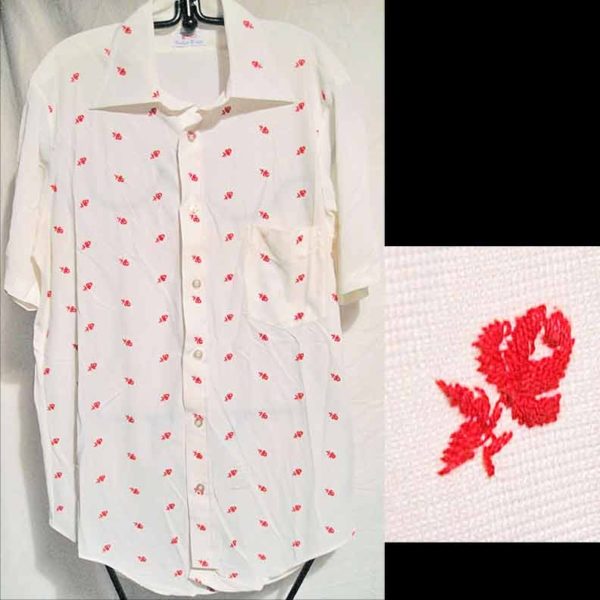 Enro White with Red Embroidered Flowers on Front Short Sleeve Shirt